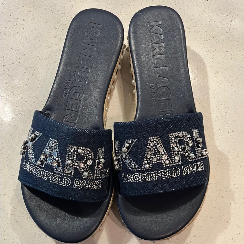 Karl Lagerfeld Dark Blue Platform Slides with Embellishments